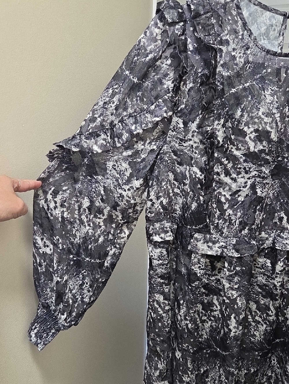 NWT Kaffe Black & White Marble Print Mesh Ruffle Dress 2-In-1 Sheer Sleeve - Picture 7 of 13